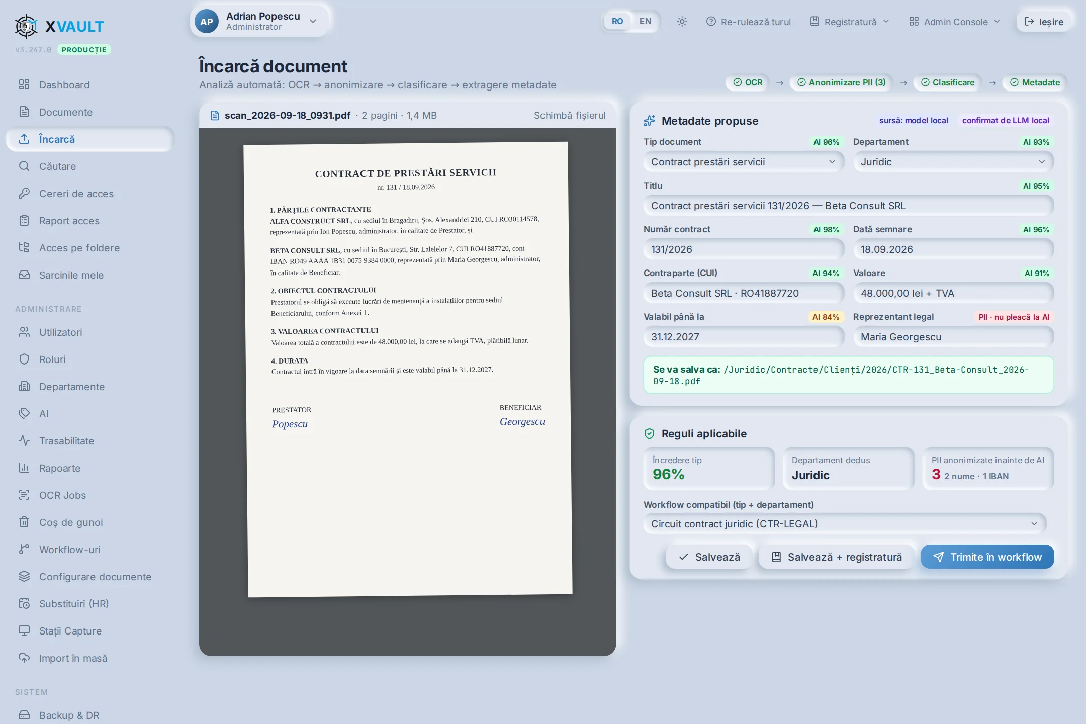 Încărcarea unui contract scanat: AI-ul propune tipul, departamentul, numărul, data, contrapartea și valoarea, cu procent de încredere și anonimizarea datelor personale