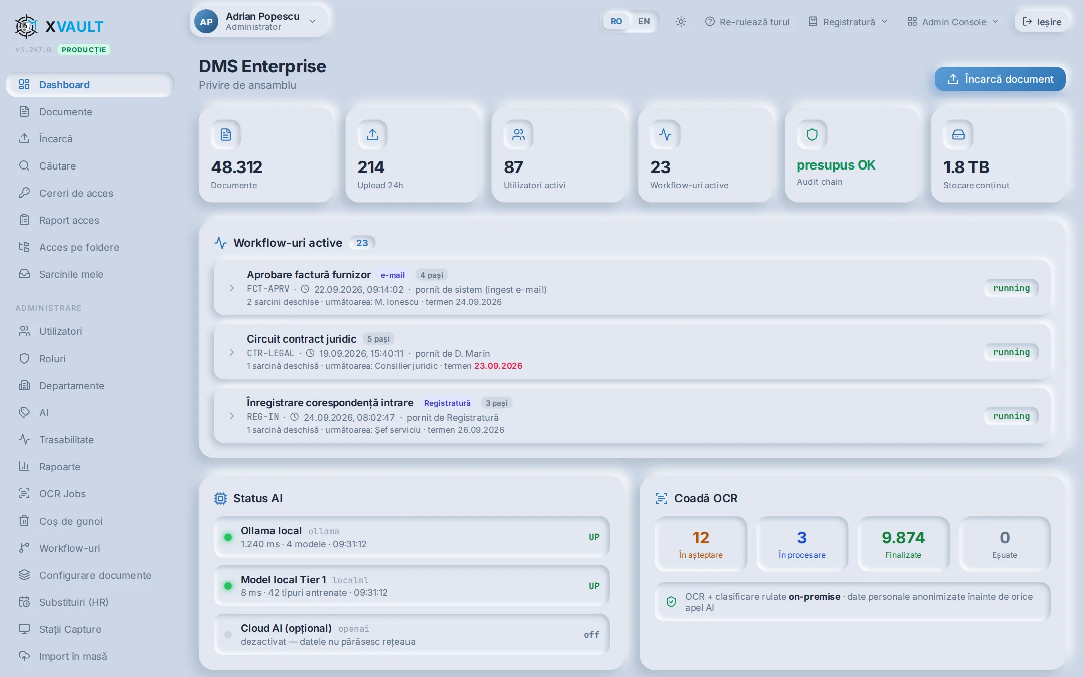 Dashboard-ul xVault DMS: documente, încărcări, utilizatori activi, workflow-uri active, starea lanțului de audit, stocare, status AI local și coada OCR