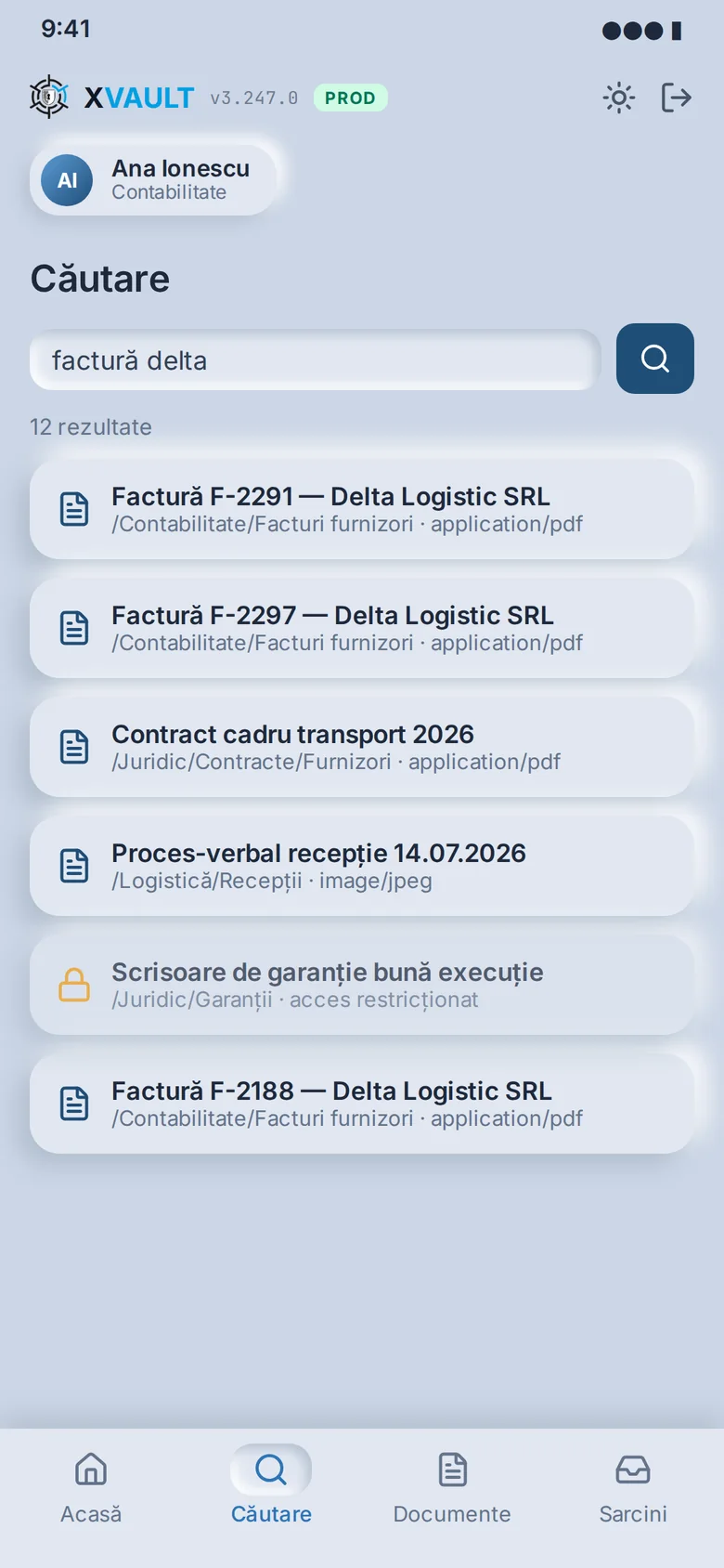 Aplicația de mobil xVault: căutare de documente