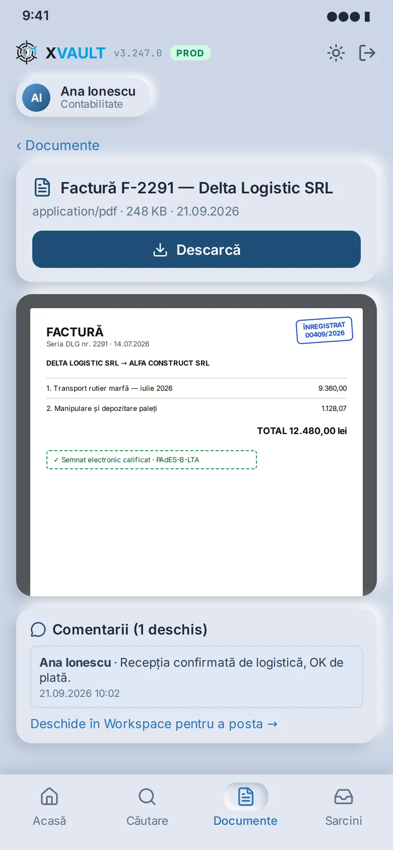 Aplicația de mobil xVault: fișa unei facturi cu previzualizare și comentarii